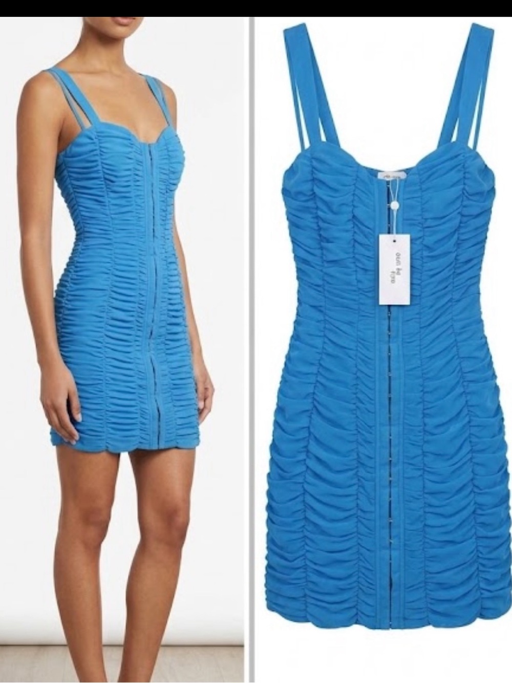 Blue Ruched Zip-Front Mini Dress